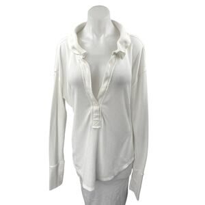 Free People We The Free White Waffle Knit Collar Long Sleeve Polo Sweater Top S
